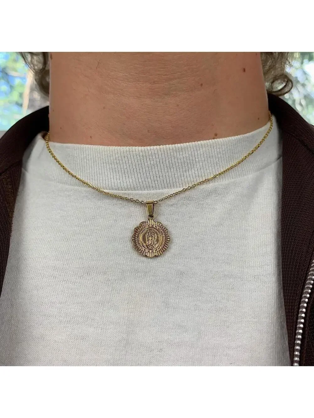 Cute Round Pendant Saint Marry Stainless Steel Gold Plated Circle Pendant y2k